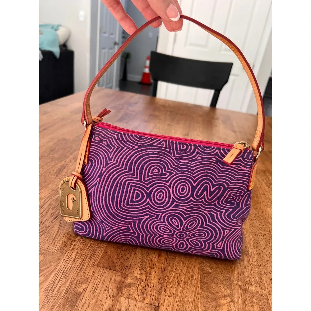 Dooney & Bourke Doodle Print Canvas Small Shoulder Bag Purple Pink Vachetta Trim